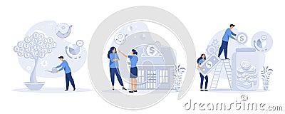 Characters manage finances. managing financial income, consulting with accountant. Vector Illustration