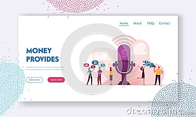 Characters Money Talks, Business Consulting, Advice Landing Page Template. People Stand near Huge Microphone Vector Illustration