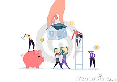 Characters Paying for Mortrage House. Real Estate Investment. Rental or Loan Home Concept. Credit Debt Financial Problem Vector Illustration