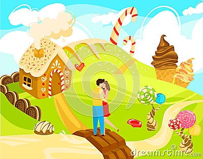 Characters people couple, sweet love, gingerbread house, sugar field, ice cream, cartoon vector illustration Vector Illustration