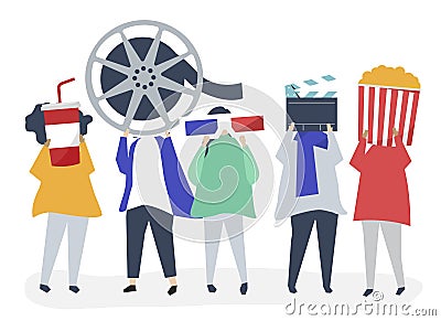 Characters of people holding movie icons illustration Vector Illustration