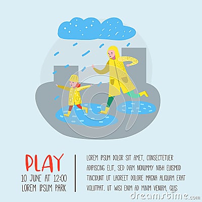 Characters People Walking in the Rain Poster, Banner. Cartoon Mother with Daughter in Raincoats. Autumn Rainy Weather Vector Illustration
