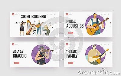 Characters Playing Music Landing Page Template Set. Musicians with String Instruments Performing on Stage Vector Illustration