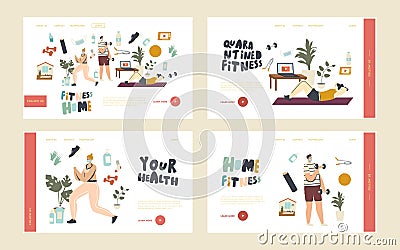 Characters Practicing Fitness at Home at Quarantine Landing Page Template Set. Men and Women Exercise, Sports Lifestyle Vector Illustration