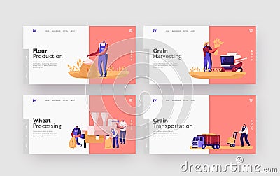 Characters Producing Flour Landing Page Template Set. Wheat Manufacture, Industry. People Growing, Harvesting, Mowing Vector Illustration