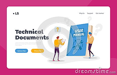Characters Reading User Manual, Guide Book or Technical Instruction Landing Page Template. Tiny Characters Read Guidance Vector Illustration