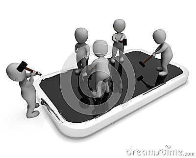 Characters Repair Indicates Diagnostics Men And Cellphone 3d Rendering Stock Photo