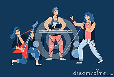 Characters of rock band musicians perform on stage, cartoon vector illustration. Vector Illustration