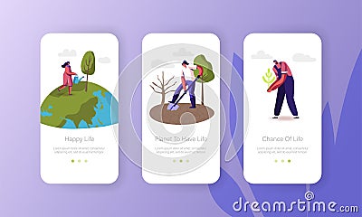 Characters Save Earth Planet Mobile App Page Onboard Screen Template. Woman Watering Tree, People Care of Plants Vector Illustration