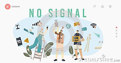 Characters Search Signal of Wifi Router Landing Page Template. Network Error, Lost Internet Wireless Connection Vector Illustration
