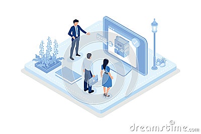 Characters searching and choosing apartment or house for renting or buying. Property market concept, Vector Illustration