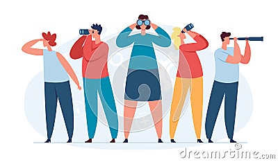 Characters searching for new ideas, business team looking into future. People look through binoculars, search for Vector Illustration