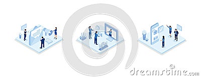 Characters sending advertising mails and promotional offers with sales and discounts. Ecommerce business concept, set isometric Vector Illustration