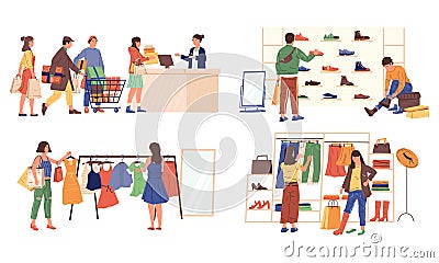 Characters shopping. People at retail store or supermarket with grocery bags and carts. Vector happy cartoon friends and Vector Illustration