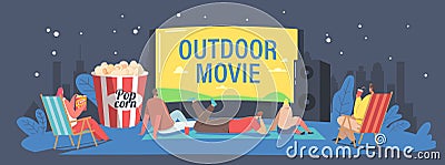 Characters Spend Night with Friends at Outdoor Movie Theater. People Watching Film on Big Screen with Sound System. Vector Illustration