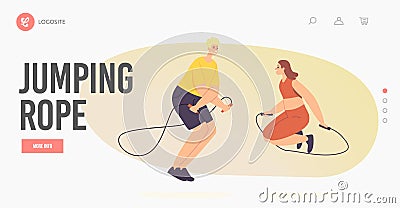 Characters Sport Training, Exercising with Jump Rope Landing Page Template. Healthy Life, Training in Gym. Activity Vector Illustration