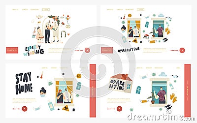 Characters Stay Home at Coronavirus Pandemic, Senior People Wedding Landing Page Template Set. Neighbors in Apartments Vector Illustration