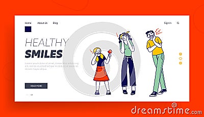 Characters Suffering of Toothache Landing Page Template. Man Woman and Little Girl with Lollipop Hold Cheek Vector Illustration