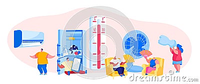 Characters in Summer Time Hot Period Concept. Sweltering in Heat Young and Aged People Sitting on Sofa Use Fans Vector Illustration