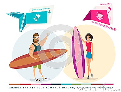 Characters surfers girl and boy Vector Illustration