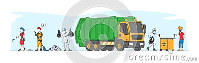 Characters Throw Covid Waste Used Masks and Gloves into Special Litter Bins and on Street. Janitors Collecting Garbage Vector Illustration