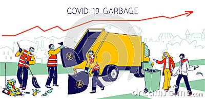 Characters Throw Covid Waste Used Masks and Gloves into Special Litter Bins and on Street. Janitors Collecting Garbage Vector Illustration