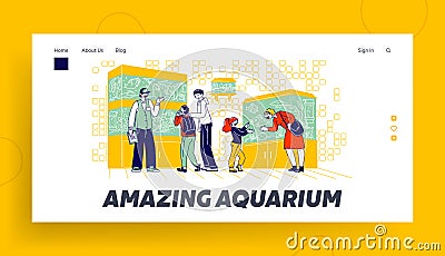 Characters Watching Fishes Swimming in Aquariums in Pet Shop Landing Page Template. Parents Buy Fish for Children Vector Illustration
