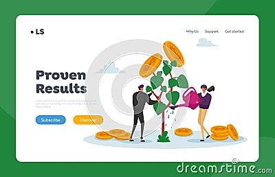 Characters Watering Money Tree Landing Page Template. Business Grow Wealth Capital for Refund Care of Plant with Coins Vector Illustration