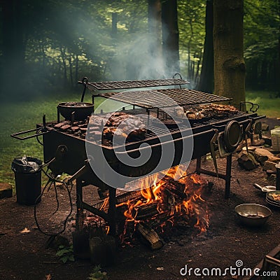 Charcoal BBQ, cast iron grill, wood-fired cooking Stock Photo