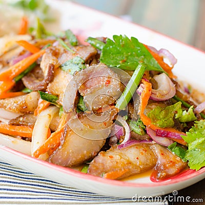 Charcoal-boiled pork neck,Grill pork salad Stock Photo