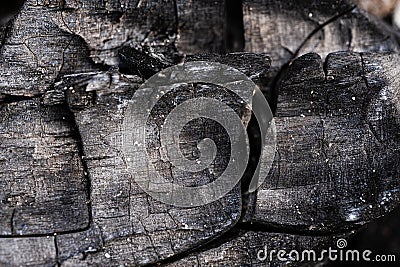 Charcoal burned in fire closeup as a background. Stock Photo