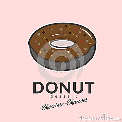 Charcoal donut chocolate flavor with colorful sprinkles on top Vector Illustration