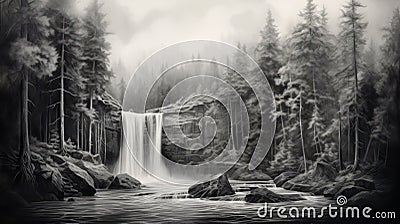 Charcoal Drawing Of A Serene Waterfall In Black And White Cartoon Illustration