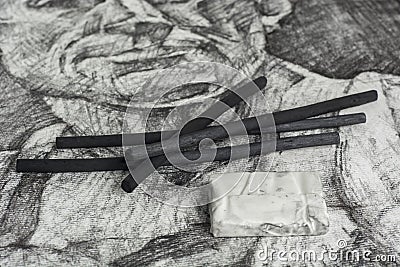 Charcoal drawing and sticks Stock Photo