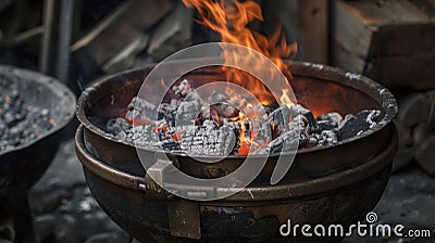 A charcoal fire burning under a large copper cauldron the source of heat for brewing the herbal concoction Stock Photo