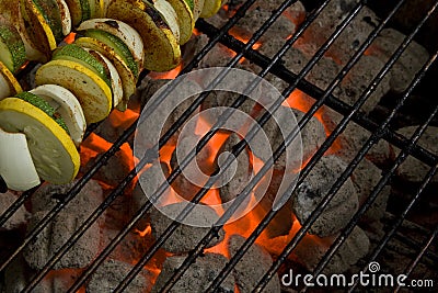 Charcoal Grill Coals & Vegetable Skewers Stock Photo