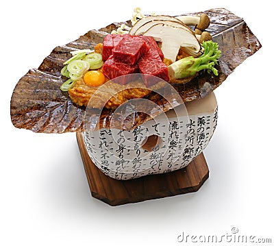 Charcoal grilled Hida beef on Hoba miso, Japanese local dish Stock Photo