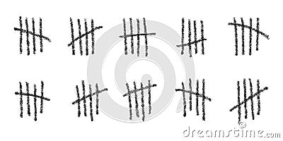 Charcoal tally marks. Hand drawn sticks sorted by four and crossed out by slash line. Day counting symbols on prison Vector Illustration