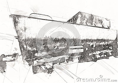 Charcoal, train, locomotive, steam, photography, rusty, wagon, train, art, illustration, drawing, sketch, antique, retro, vintage. Cartoon Illustration