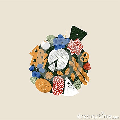 Charcuterie board. Assortment of wine appetizers. Antipasti board Vector Illustration