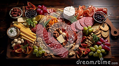 Charcuterie board with snacks, meat, cheese, snacks, bread sticks, fruits and berries Stock Photo