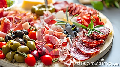 Charcuterie plate with prosciutto salami cheese and berries olives Aperitif Antipasti Italian table Stock Photo