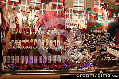 Charcuterie and wines in christmas market ,France Editorial Stock Photo
