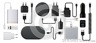 Charge smartphone. Realistic wireless charger. 3D energy battery refuels. Plug socket with USB cords. Auto charging adaptor. Vector Illustration