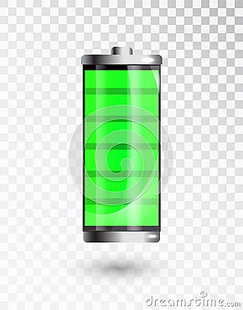 Charged battery. Full charge battery. Battery charging status indicator. Glass realistic power green battery Vector Illustration