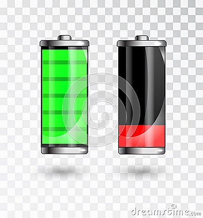 Charged and low battery. Full charge battery. Battery charging status indicator. Glass realistic power green battery Vector Illustration