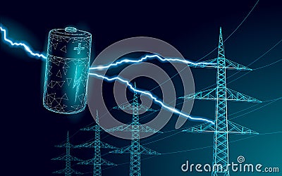 Charged polygonal alkaline battery power line. High voltage electrical tower pylon. Lightning thunder low poly polygon Vector Illustration