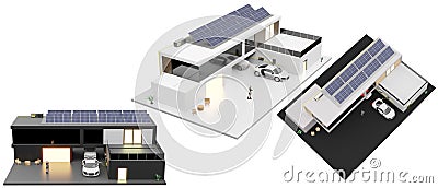 charger electric carin the building house roof and solar panels smart home solar photovoltaic set included 3d illustration Cartoon Illustration