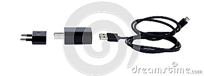 Charger. Smart phone black battery charger cable isolated on white background. Technology gadget accessory concept Stock Photo