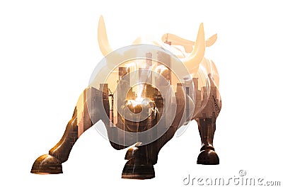 Charging Bull in Lower Manhattan. Corporate business, finance, stock market and economic prosperity conceptul collage Editorial Stock Photo